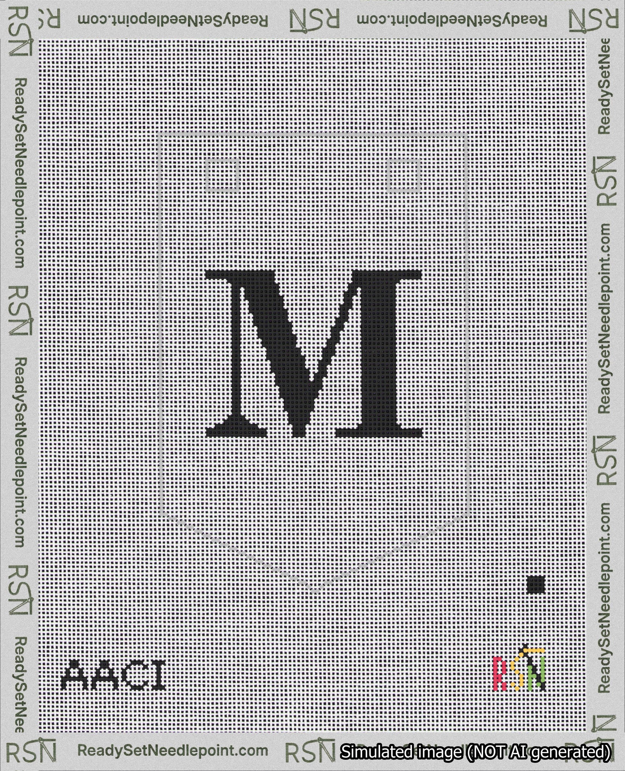 A taped needlepoint canvas with the design: Banner 18 mesh count Pointed M Black on White.