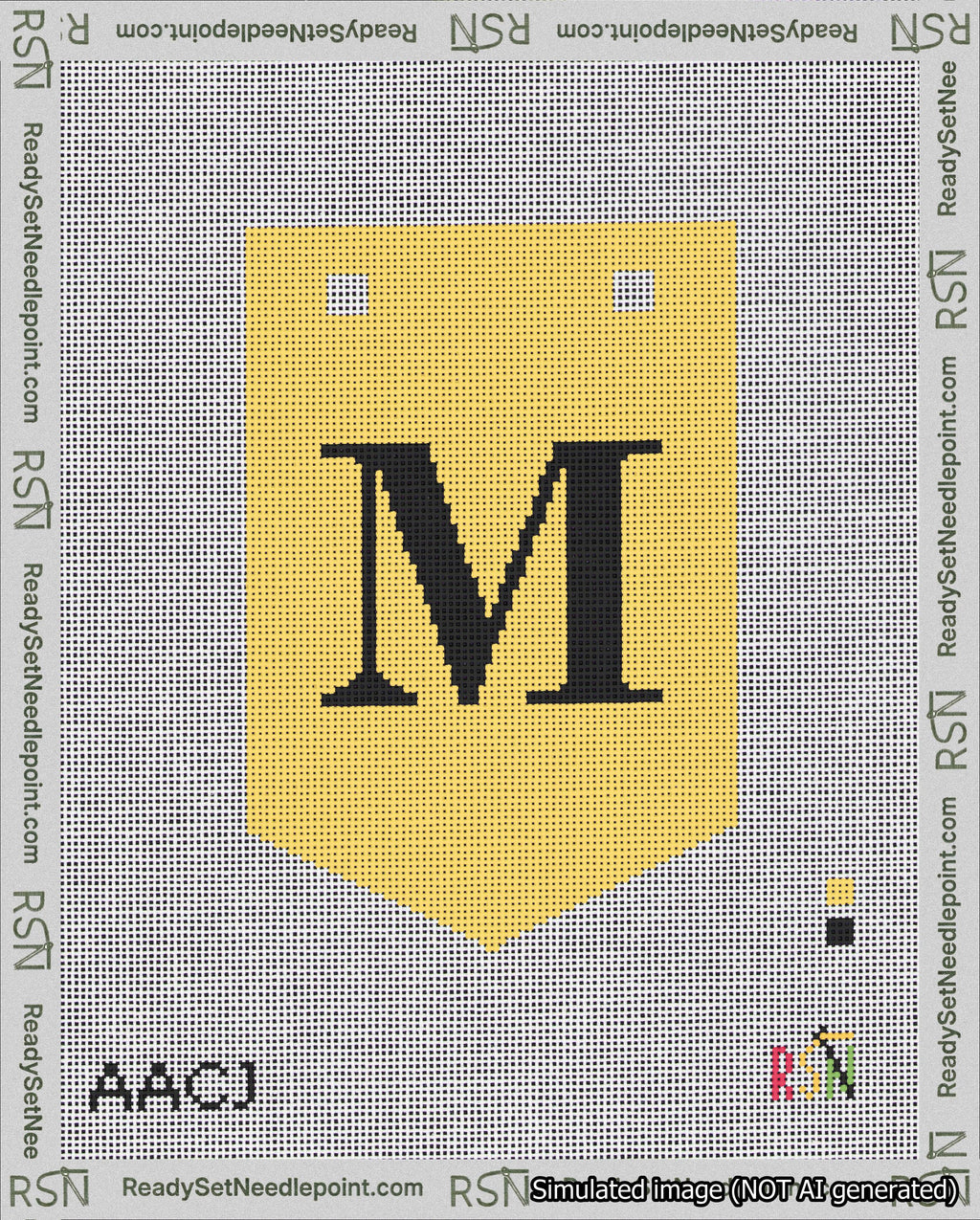 A taped needlepoint canvas with the design: Banner 18 mesh count Pointed M Black on Yellow.
