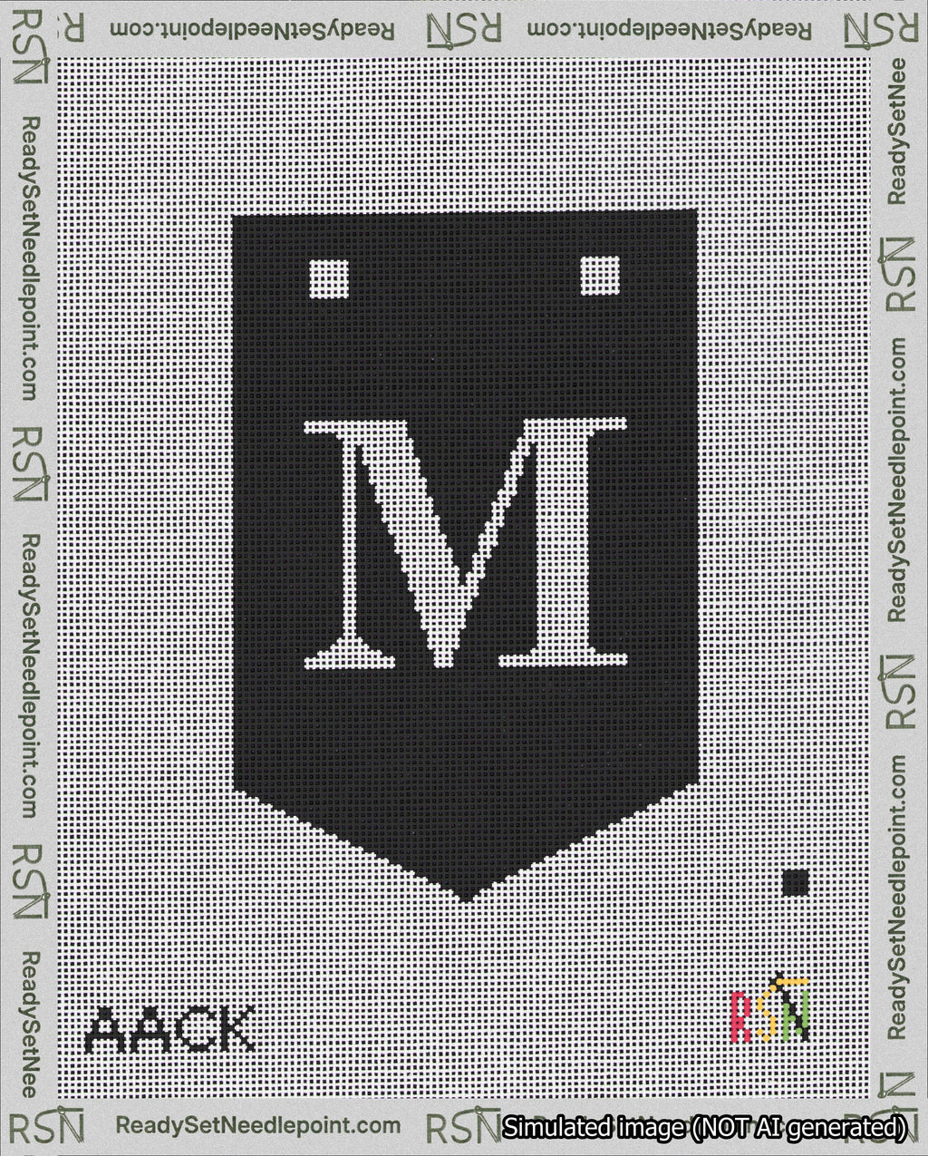 A taped needlepoint canvas with the design: Banner 18 mesh count Pointed M White on Black.