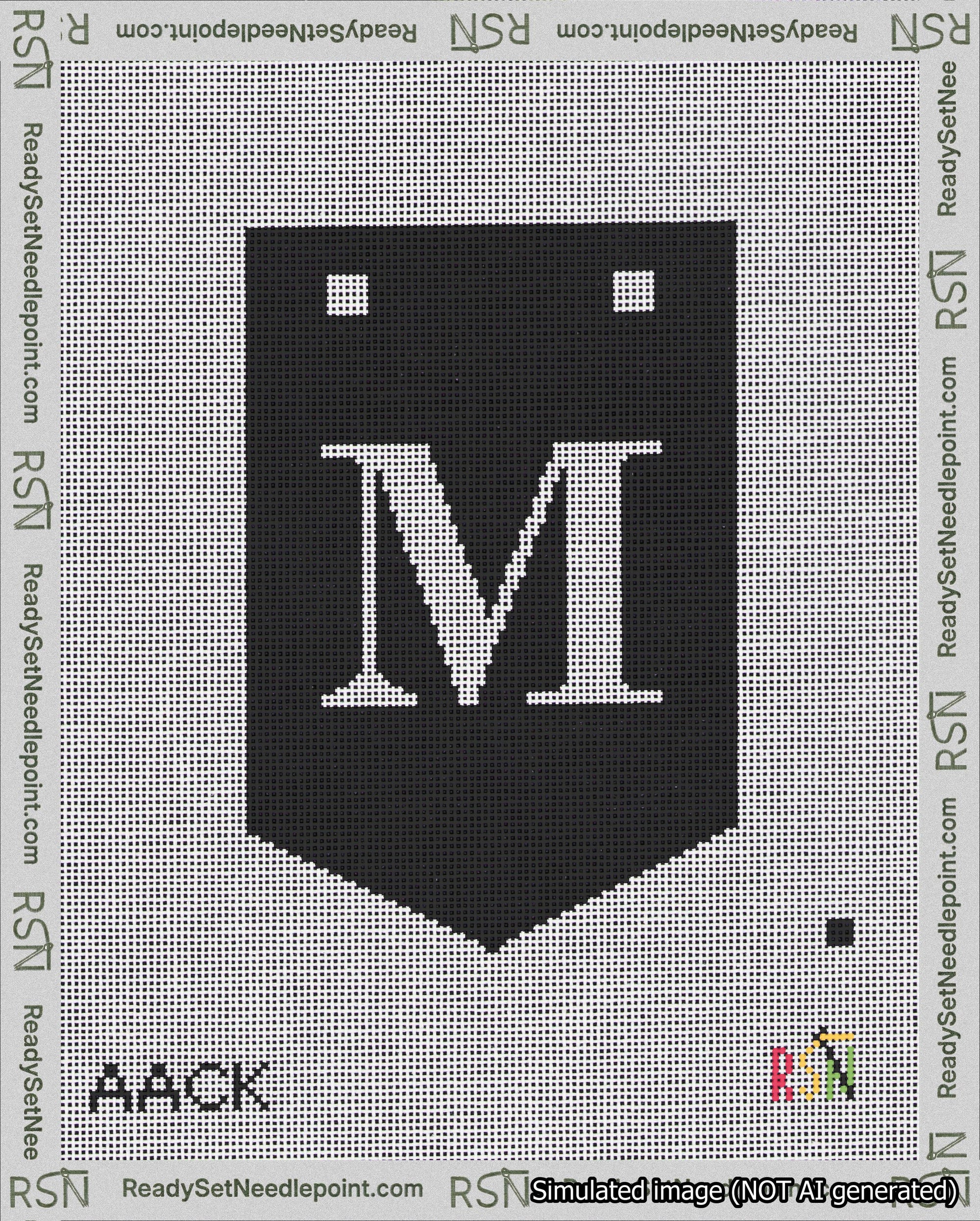 A taped needlepoint canvas with the design: Banner 18 mesh count Pointed M White on Black.