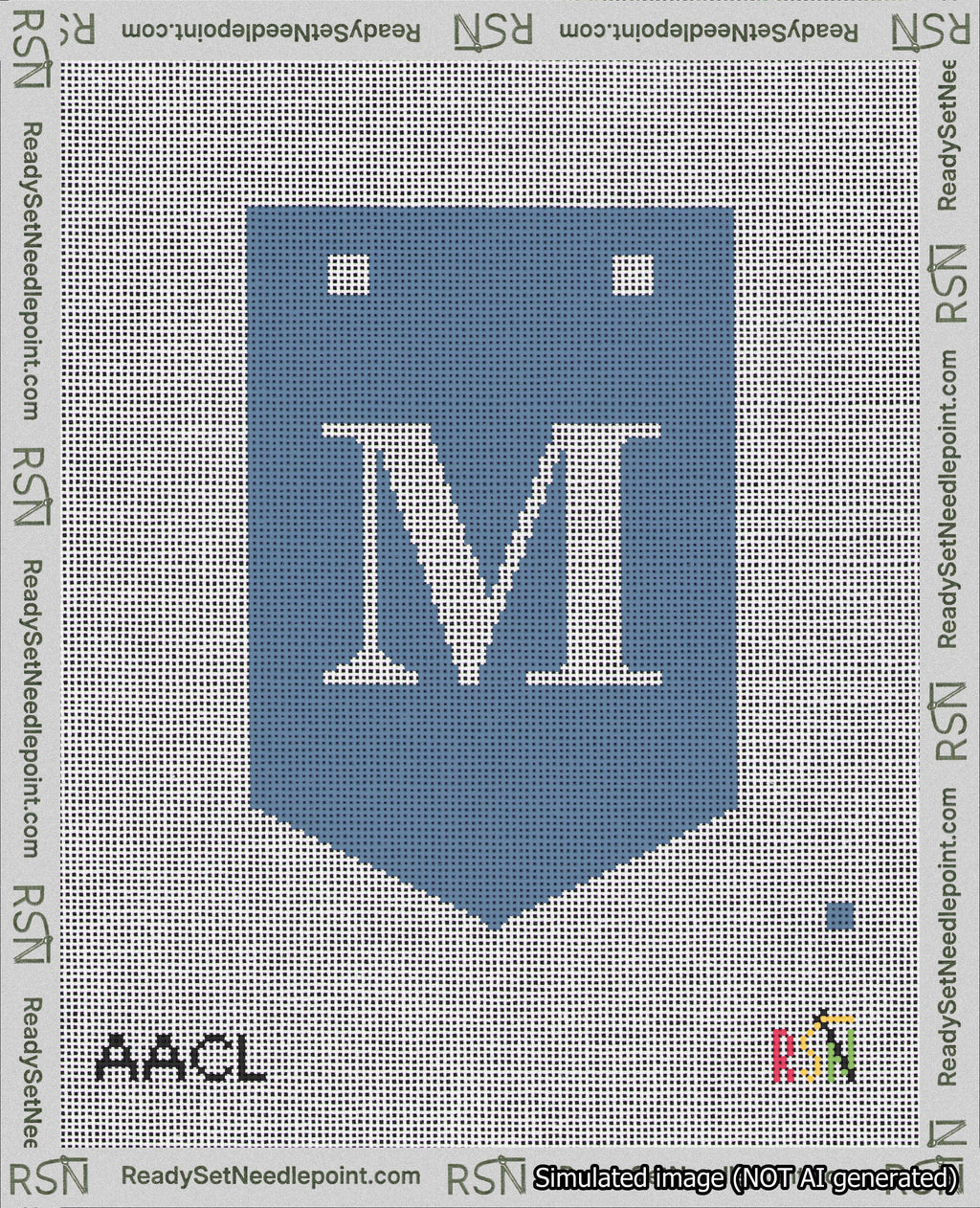 A taped needlepoint canvas with the design: Banner 18 mesh count Pointed M White on Blue.