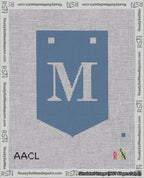 A taped needlepoint canvas with the design: Banner 18 mesh count Pointed M White on Blue.