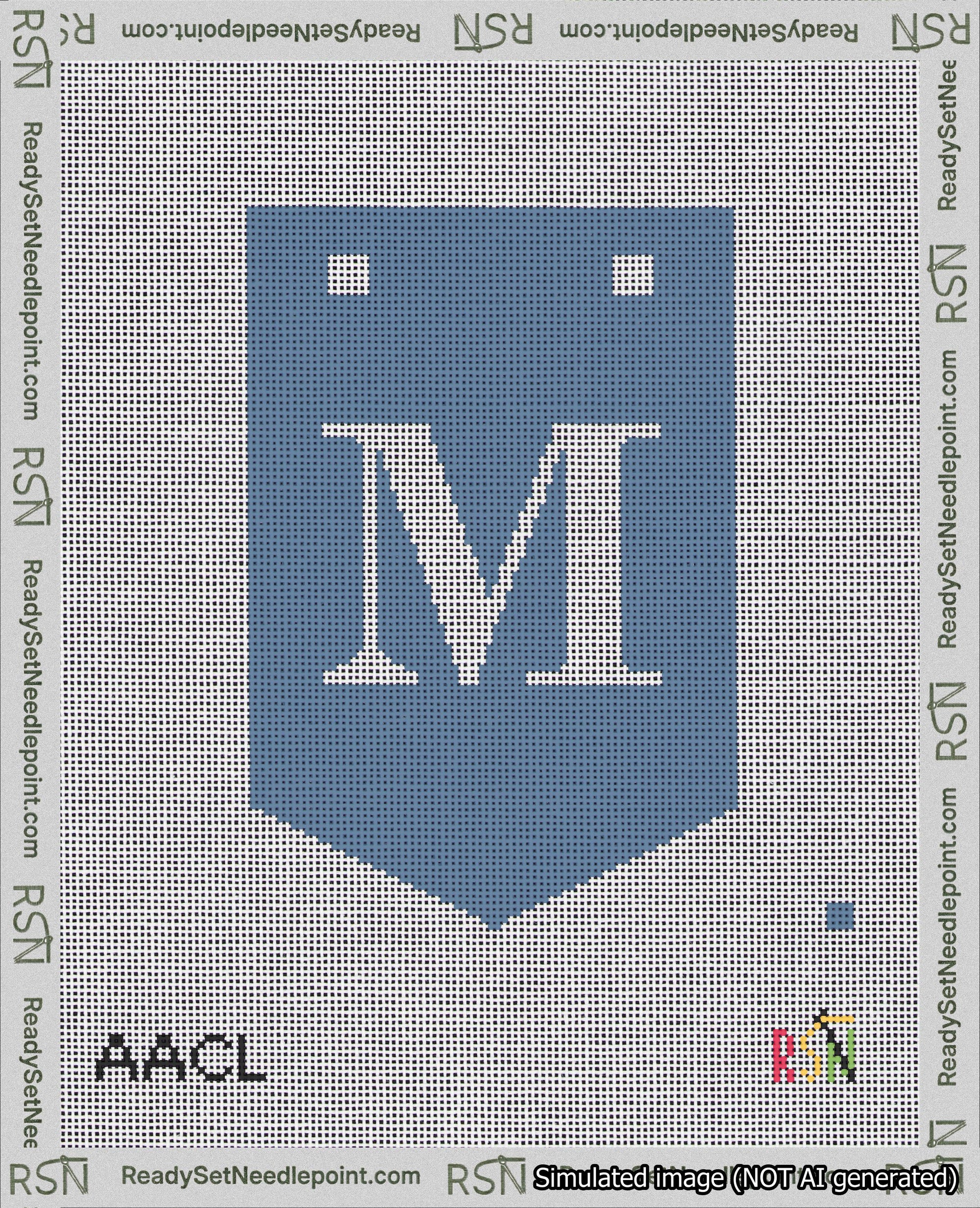A taped needlepoint canvas with the design: Banner 18 mesh count Pointed M White on Blue.