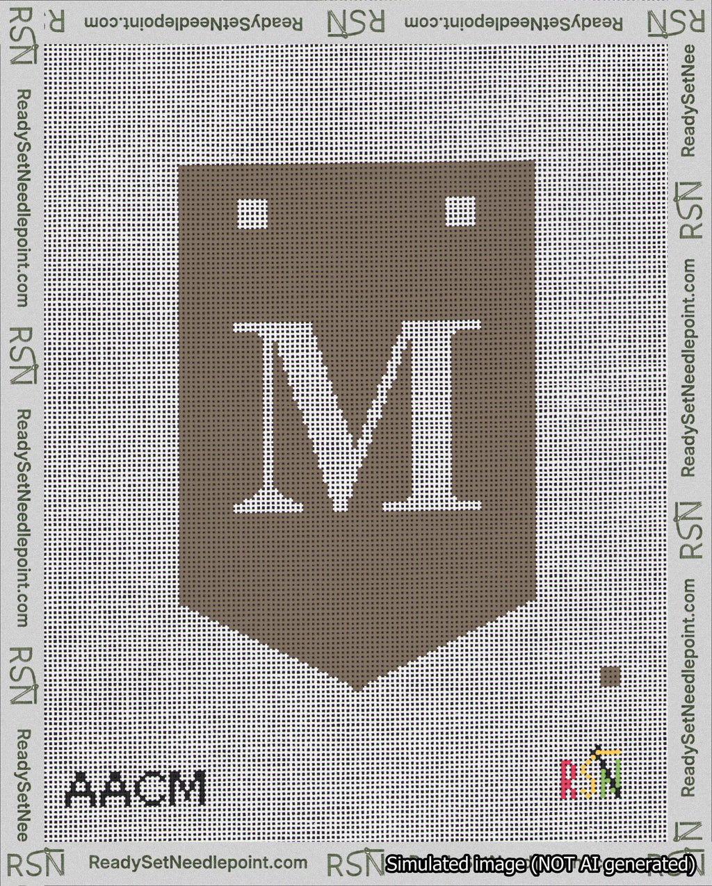 A taped needlepoint canvas with the design: Banner 18 mesh count Pointed M White on Brown.