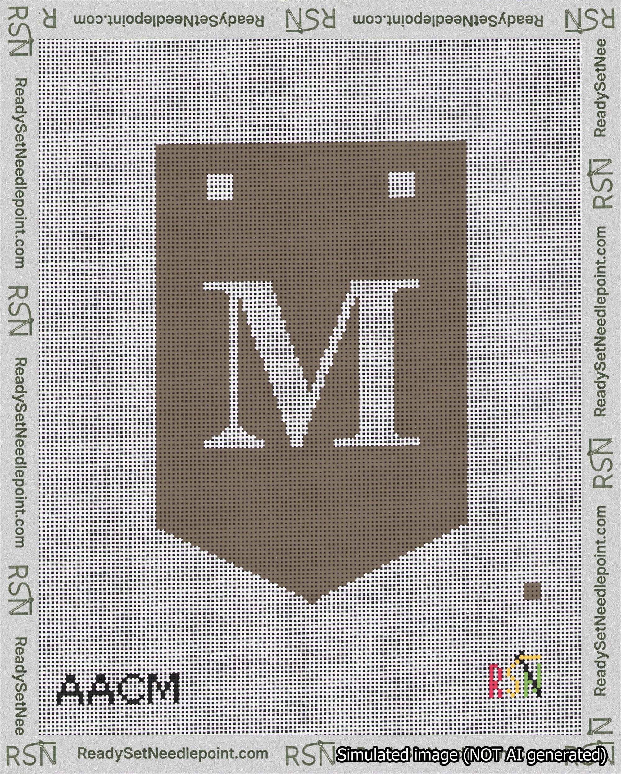 A taped needlepoint canvas with the design: Banner 18 mesh count Pointed M White on Brown.