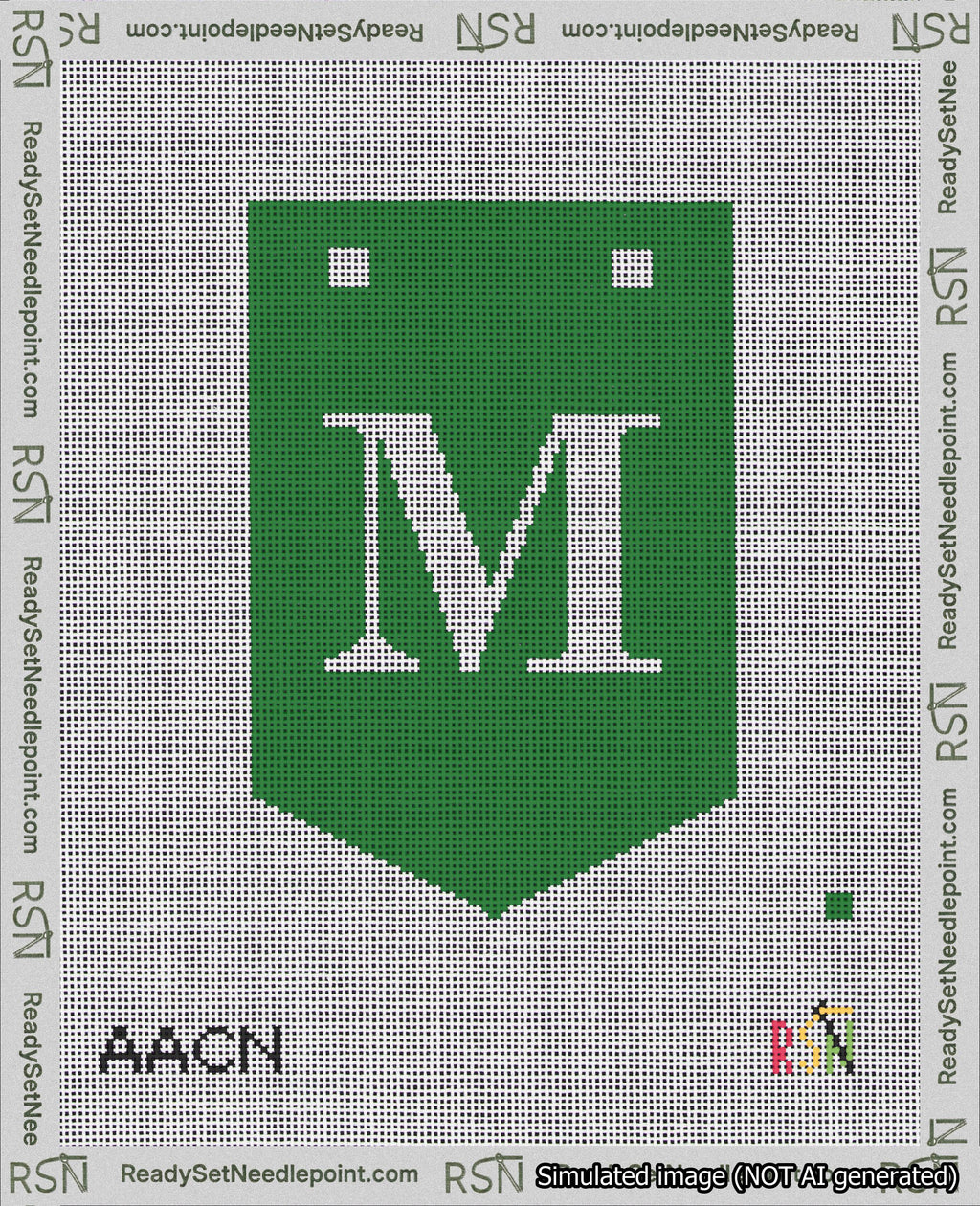 A taped needlepoint canvas with the design: Banner 18 mesh count Pointed M White on Green.