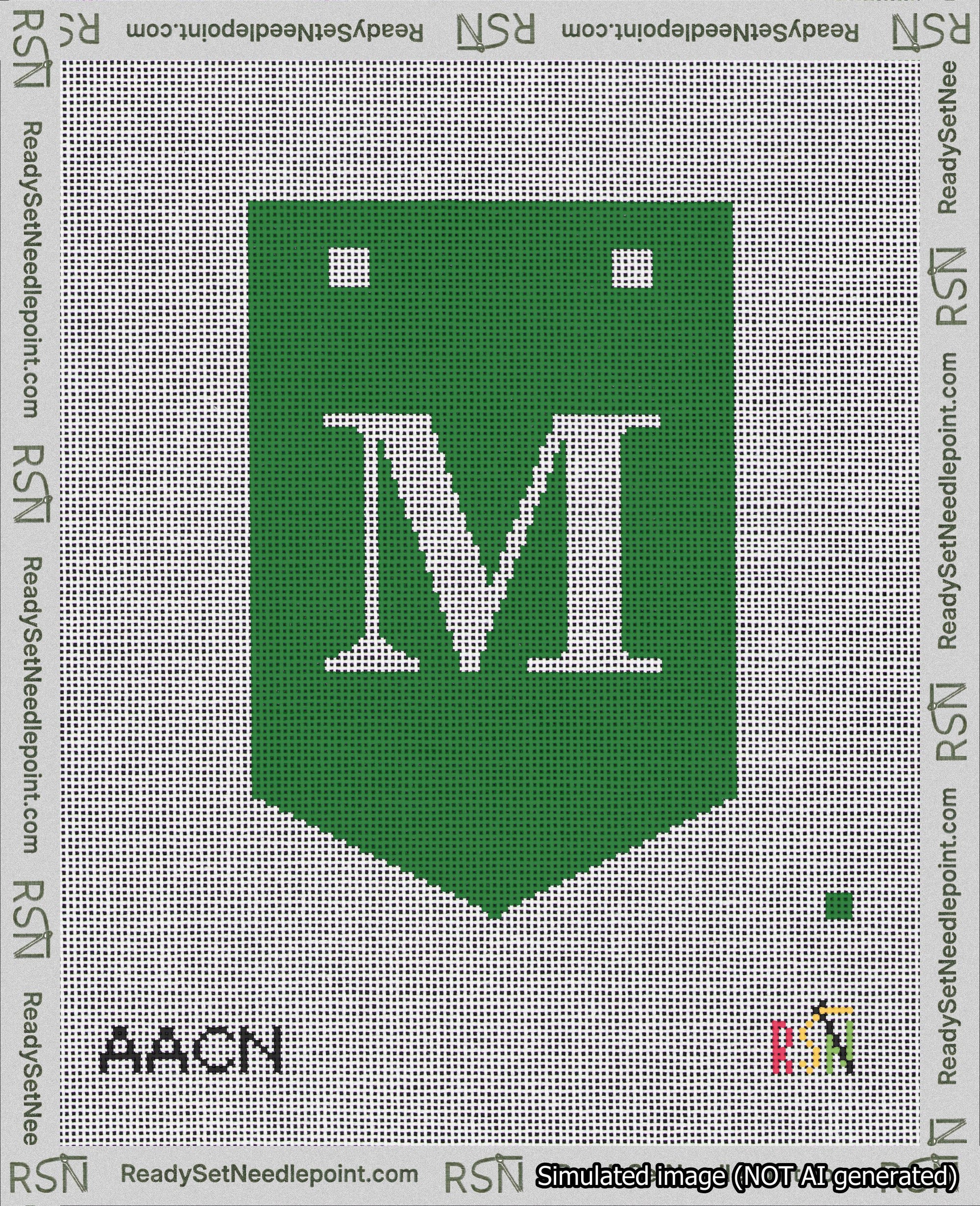 A taped needlepoint canvas with the design: Banner 18 mesh count Pointed M White on Green.