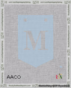 A taped needlepoint canvas with the design: Banner 18 mesh count Pointed M White on Light Blue.