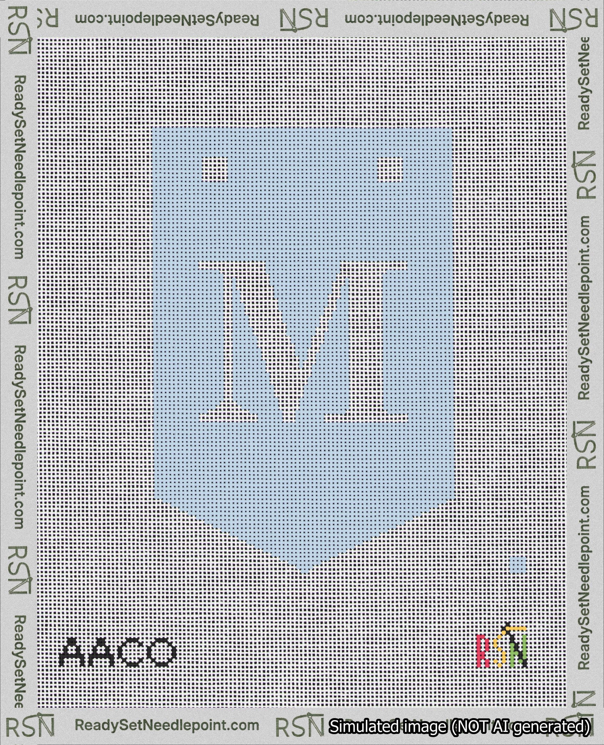 A taped needlepoint canvas with the design: Banner 18 mesh count Pointed M White on Light Blue.