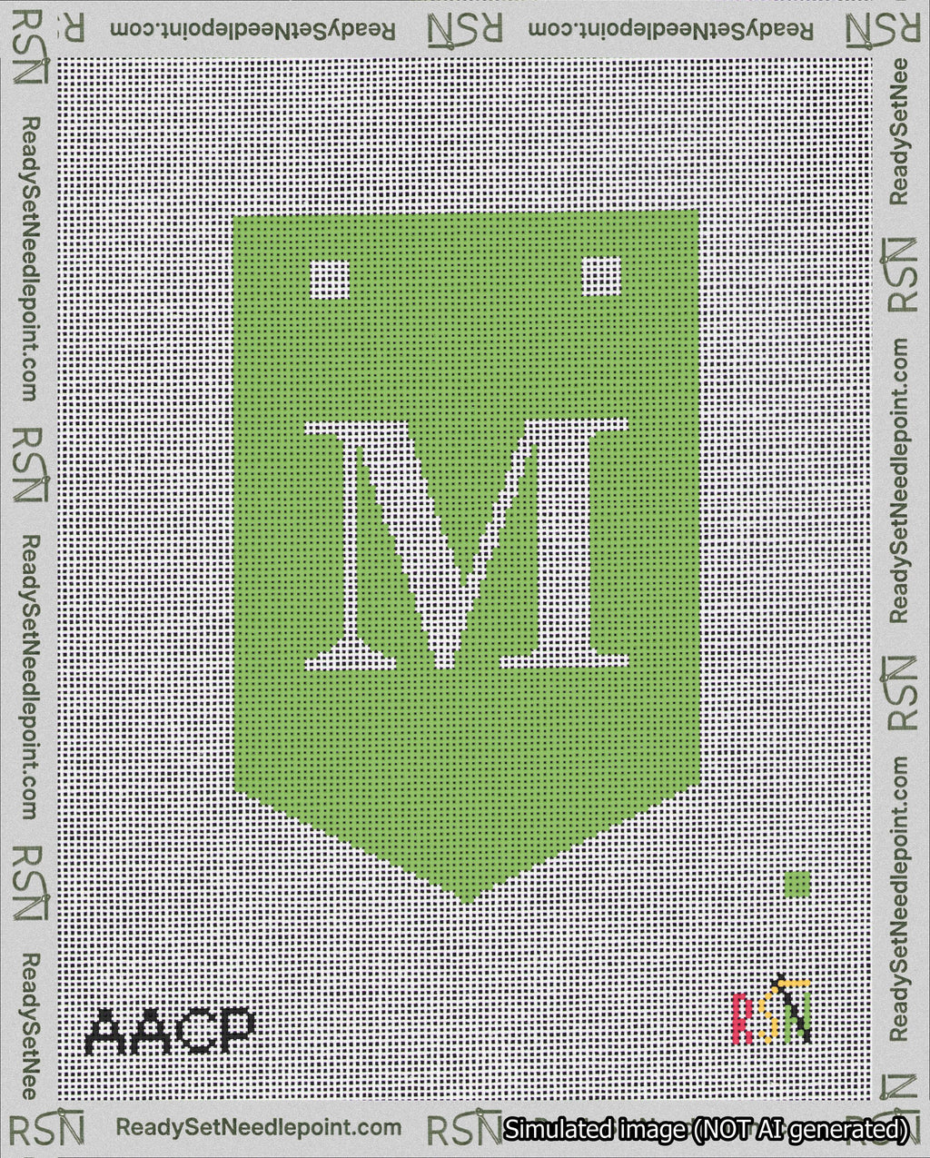 A taped needlepoint canvas with the design: Banner 18 mesh count Pointed M White on Light Green.