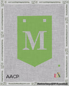 A taped needlepoint canvas with the design: Banner 18 mesh count Pointed M White on Light Green.