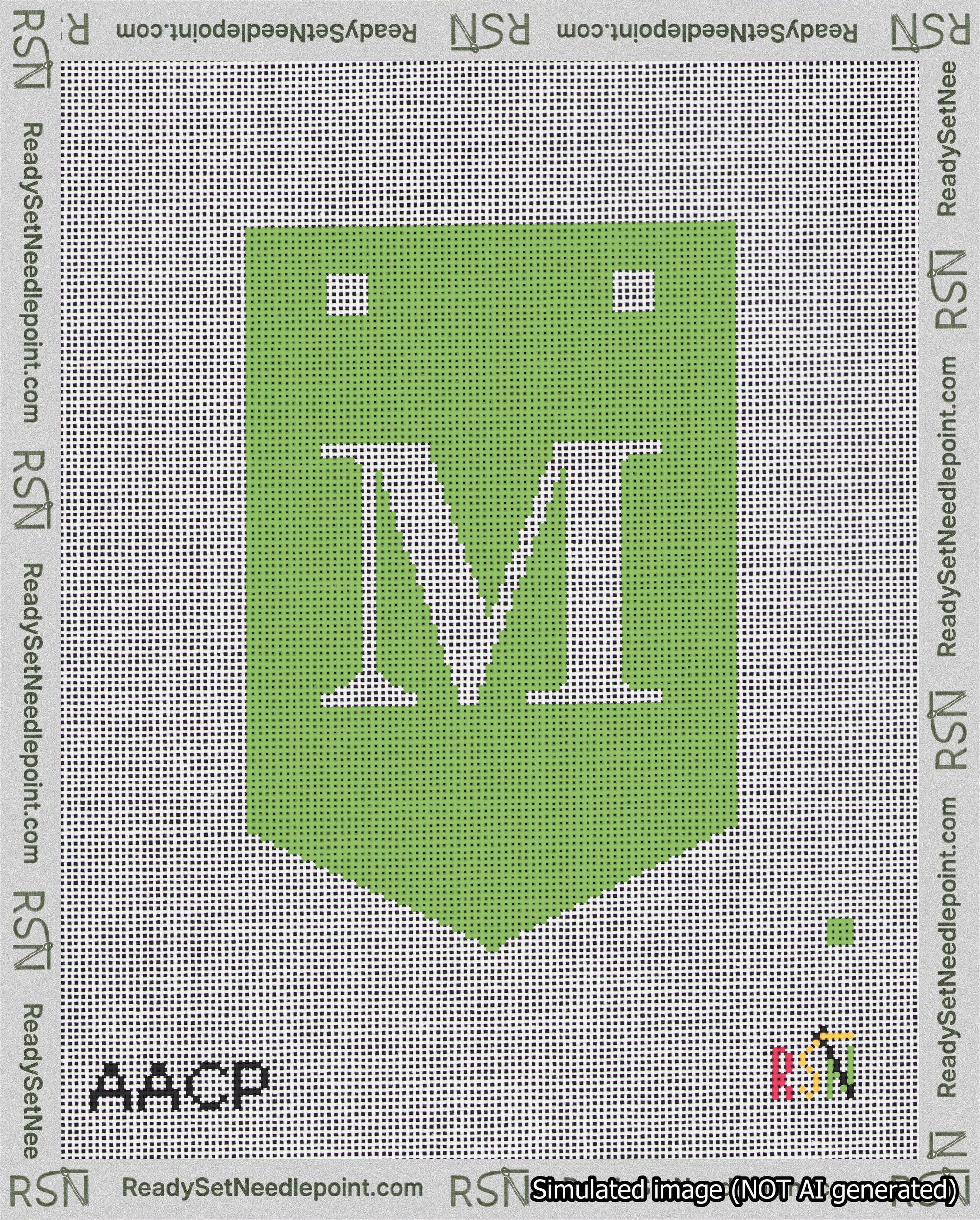 A taped needlepoint canvas with the design: Banner 18 mesh count Pointed M White on Light Green.