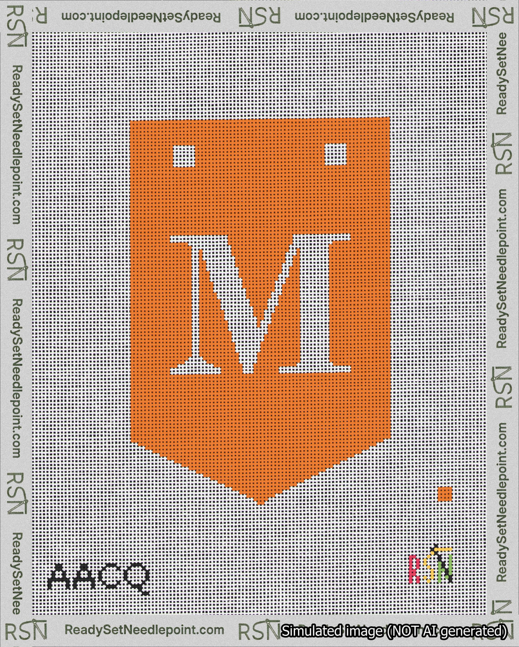 A taped needlepoint canvas with the design: Banner 18 mesh count Pointed M White on Orange.