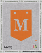 A taped needlepoint canvas with the design: Banner 18 mesh count Pointed M White on Orange.