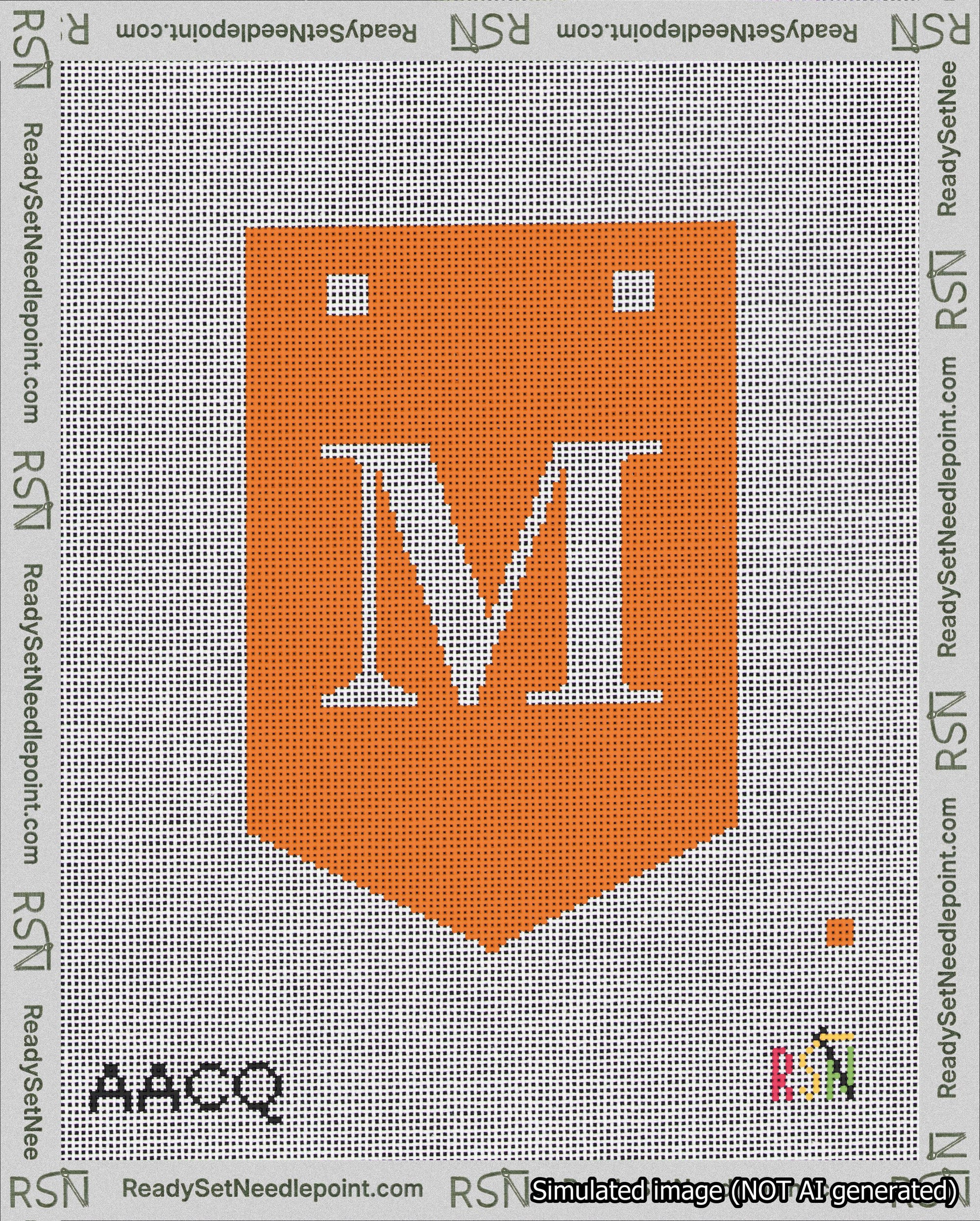 A taped needlepoint canvas with the design: Banner 18 mesh count Pointed M White on Orange.