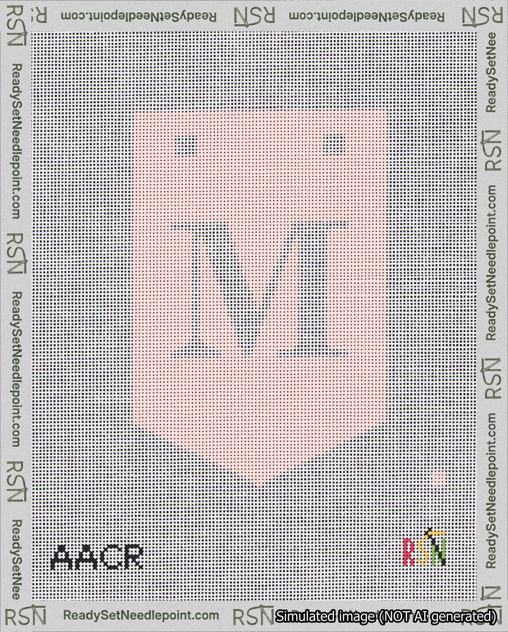 A taped needlepoint canvas with the design: Banner 18 mesh count Pointed M White on Pink.