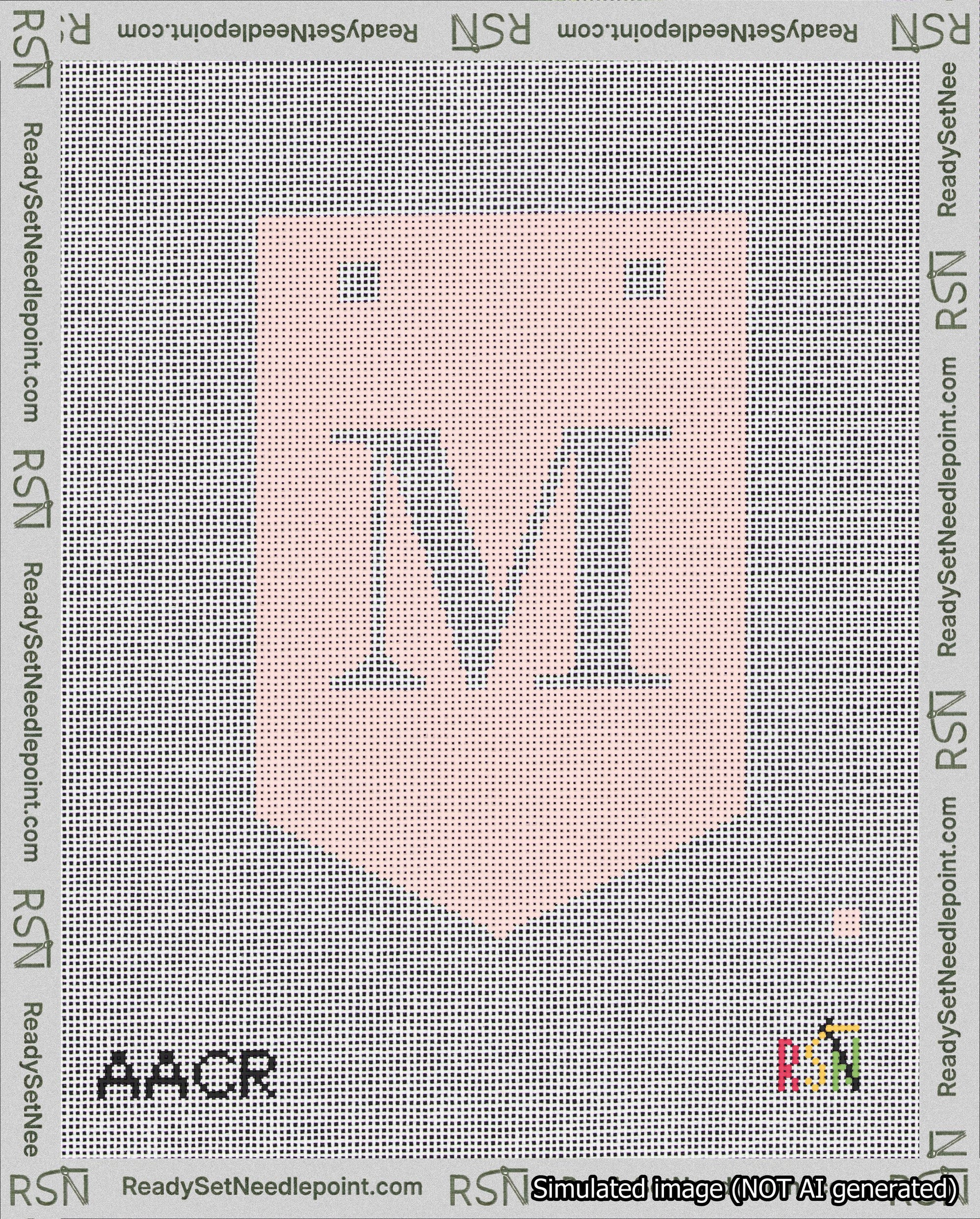 A taped needlepoint canvas with the design: Banner 18 mesh count Pointed M White on Pink.