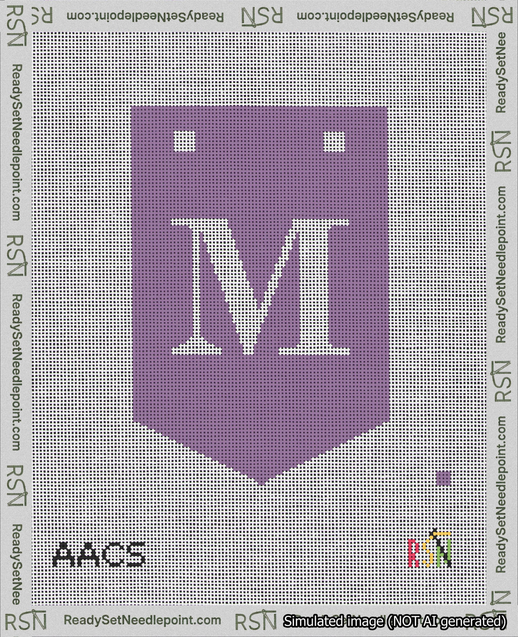 A taped needlepoint canvas with the design: Banner 18 mesh count Pointed M White on Purple.