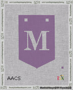 A taped needlepoint canvas with the design: Banner 18 mesh count Pointed M White on Purple.