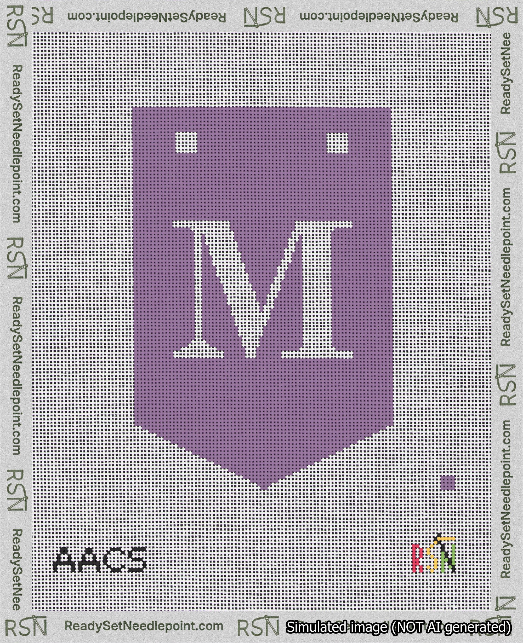 A taped needlepoint canvas with the design: Banner 18 mesh count Pointed M White on Purple.