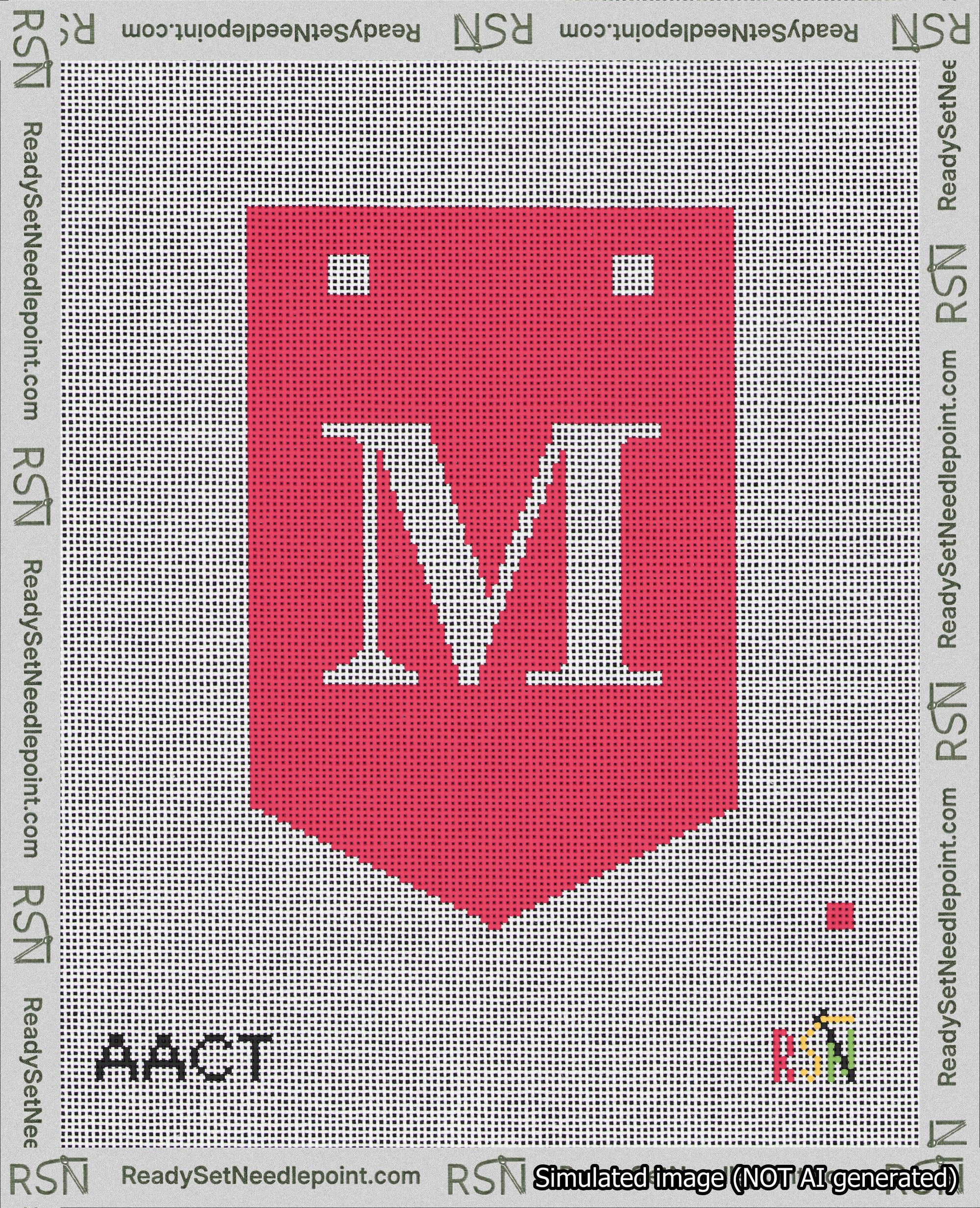A taped needlepoint canvas with the design: Banner 18 mesh count Pointed M White on Red.