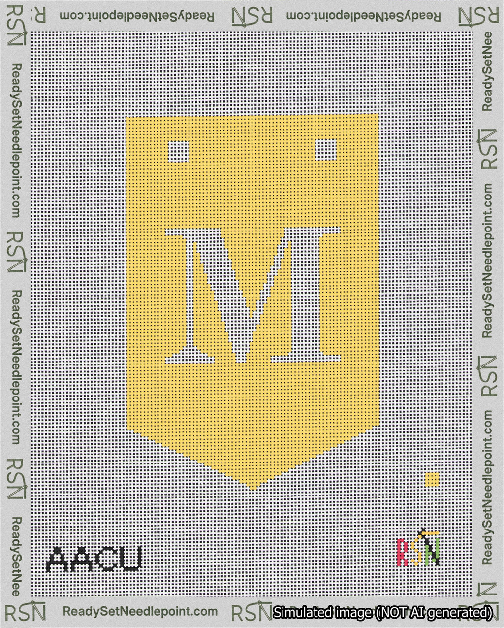 A taped needlepoint canvas with the design: Banner 18 mesh count Pointed M White on Yellow.