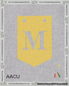 A taped needlepoint canvas with the design: Banner 18 mesh count Pointed M White on Yellow.