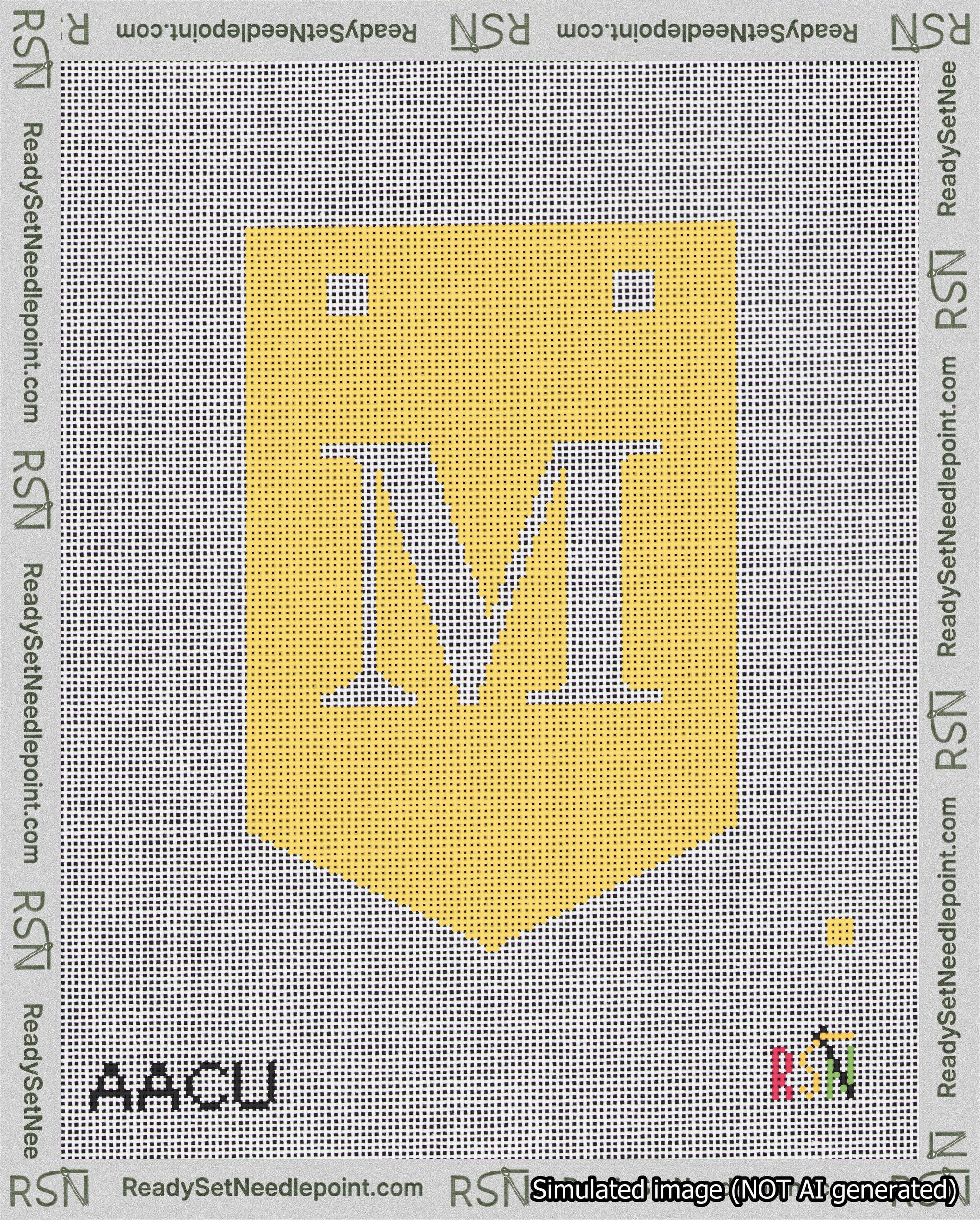 A taped needlepoint canvas with the design: Banner 18 mesh count Pointed M White on Yellow.
