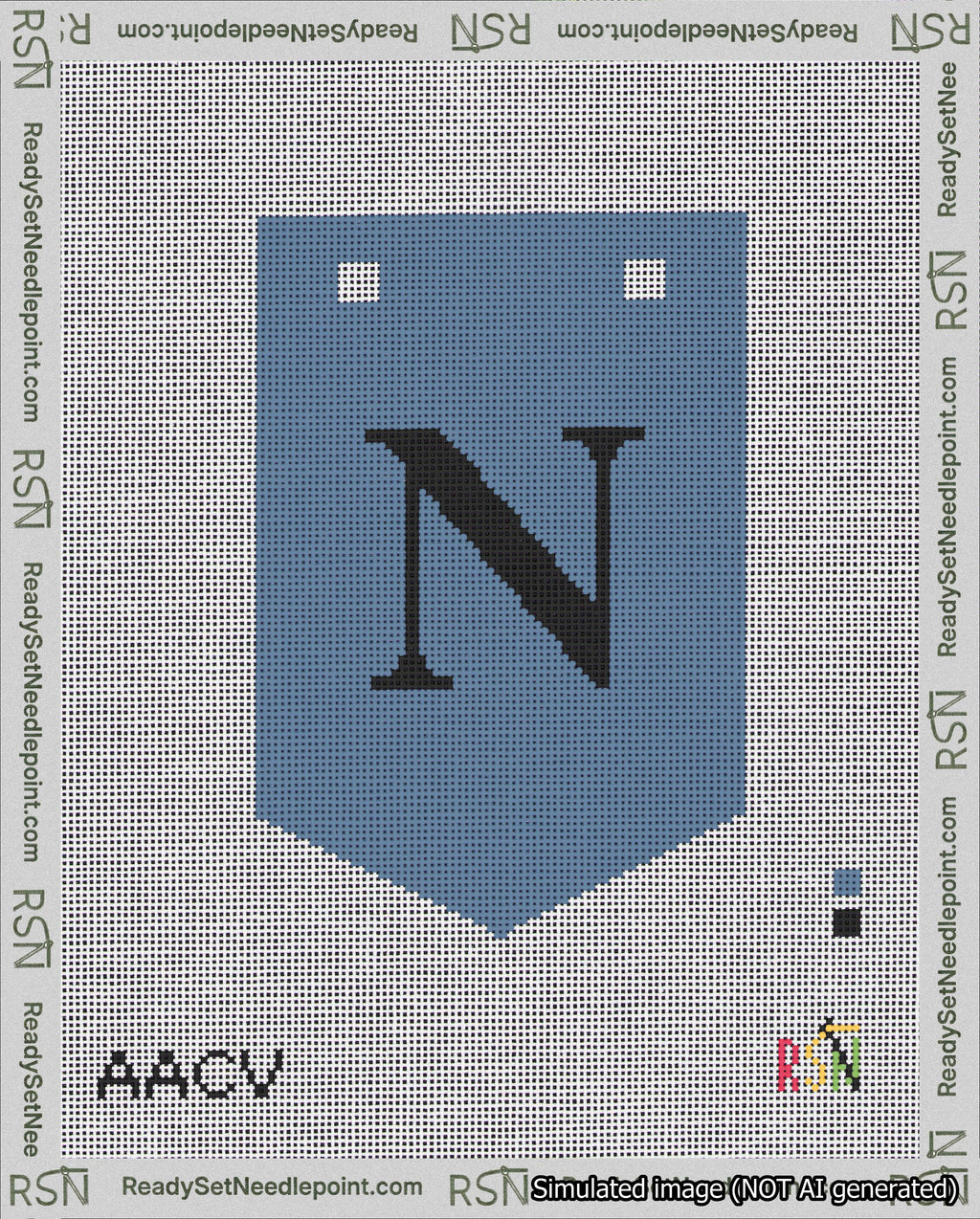 A taped needlepoint canvas with the design: Banner 18 mesh count Pointed N Black on Blue.