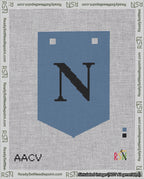 A taped needlepoint canvas with the design: Banner 18 mesh count Pointed N Black on Blue.