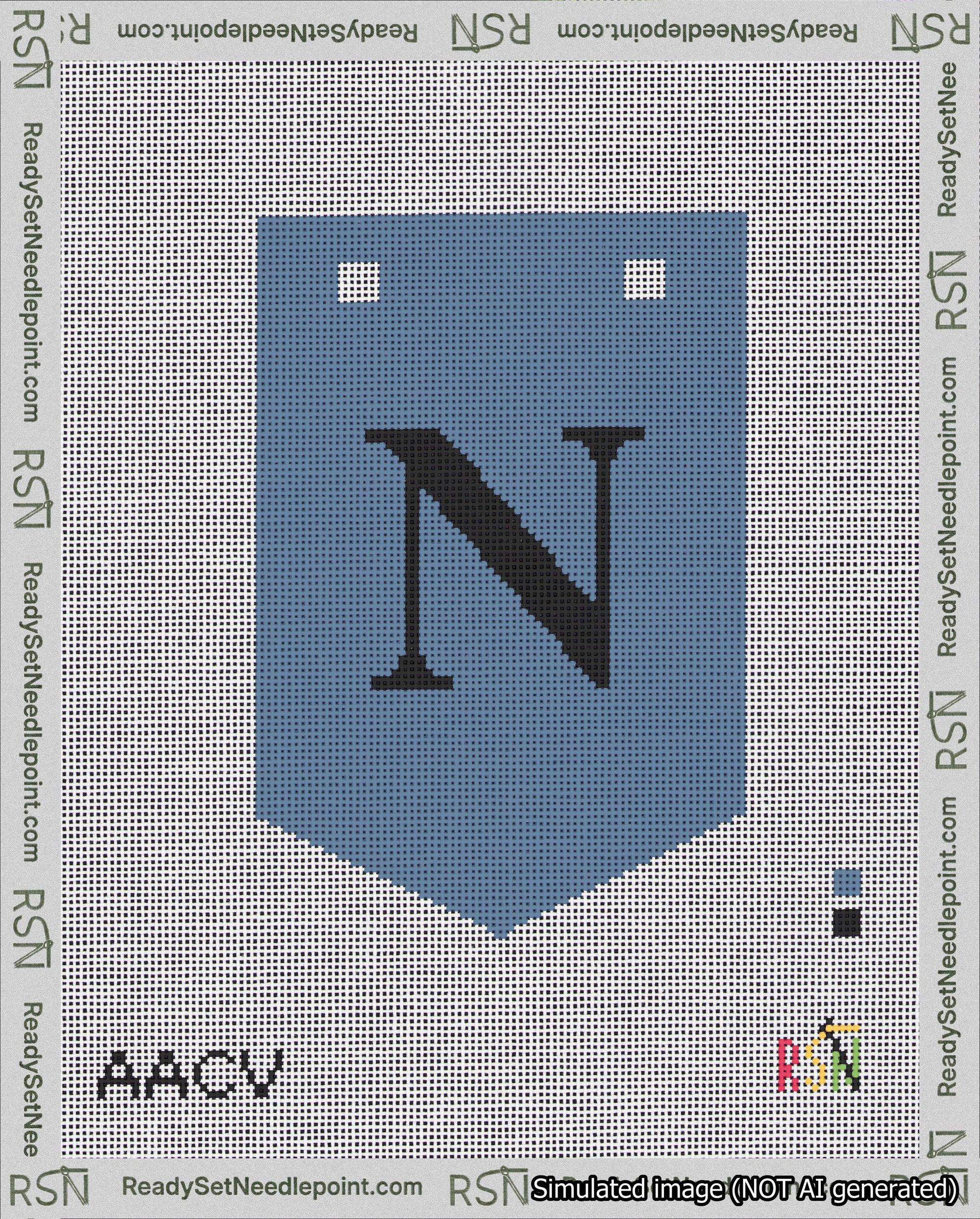 A taped needlepoint canvas with the design: Banner 18 mesh count Pointed N Black on Blue.