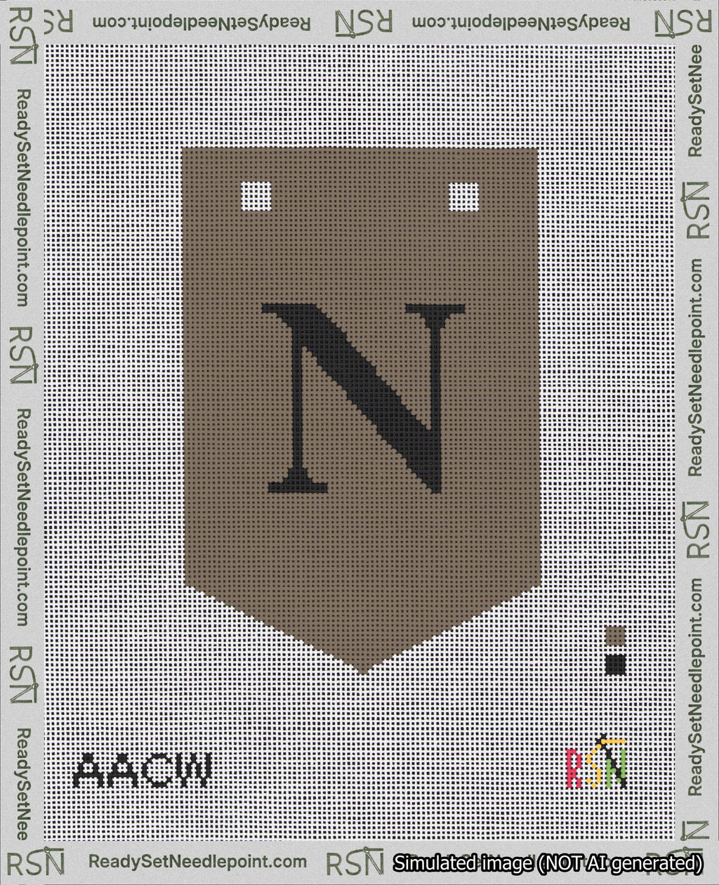 A taped needlepoint canvas with the design: Banner 18 mesh count Pointed N Black on Brown.