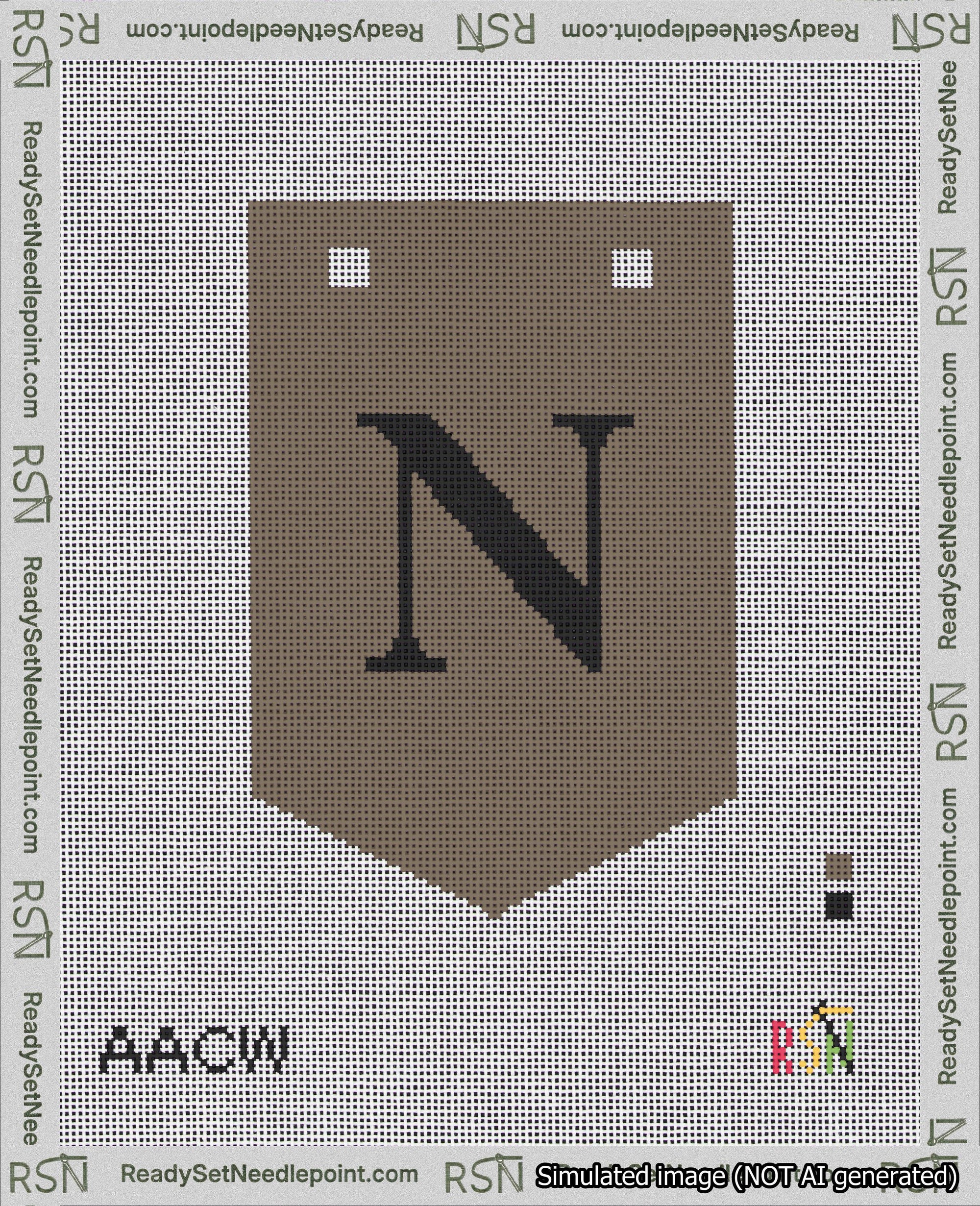A taped needlepoint canvas with the design: Banner 18 mesh count Pointed N Black on Brown.