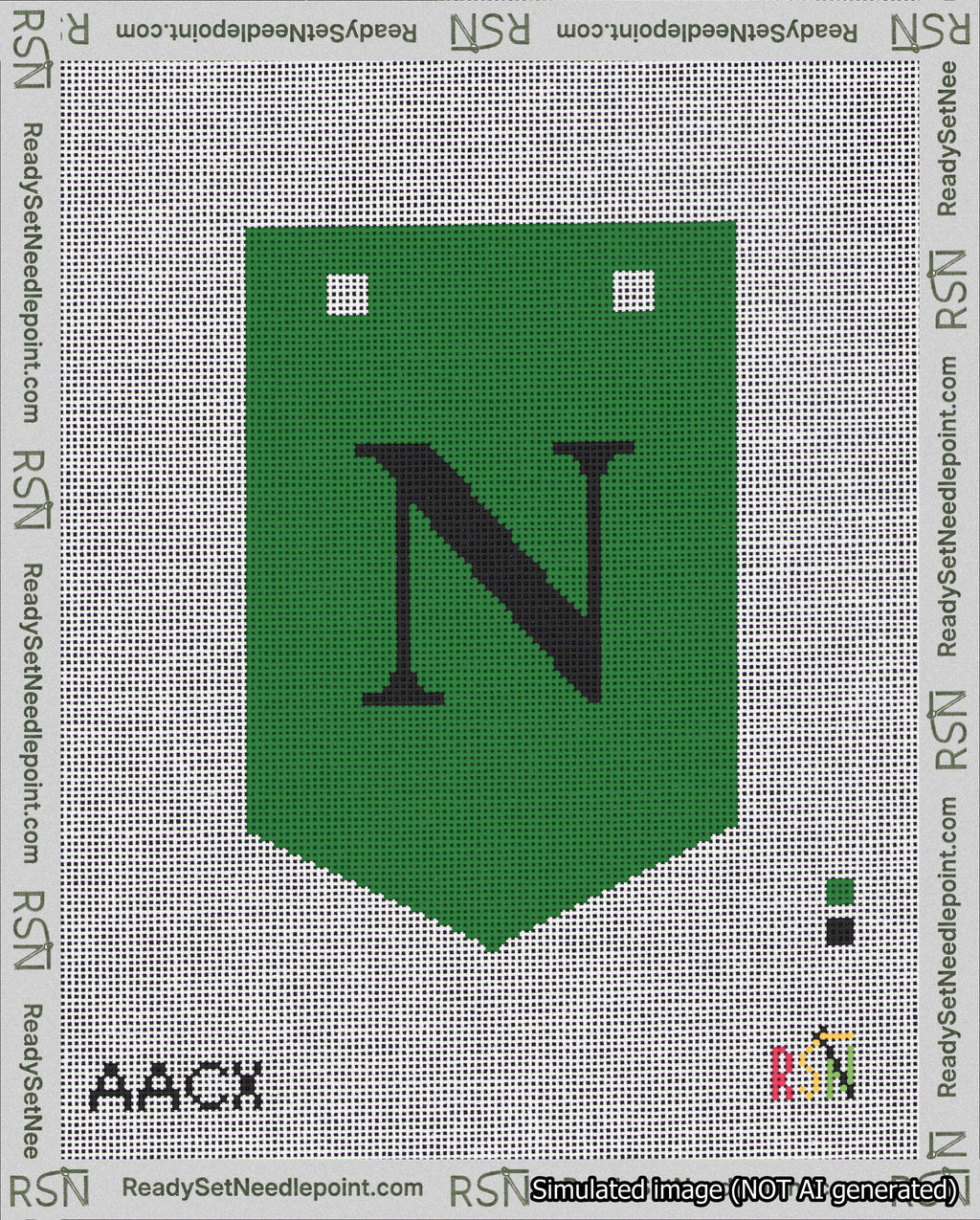A taped needlepoint canvas with the design: Banner 18 mesh count Pointed N Black on Green.