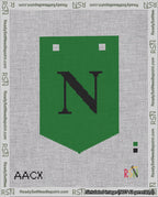 A taped needlepoint canvas with the design: Banner 18 mesh count Pointed N Black on Green.