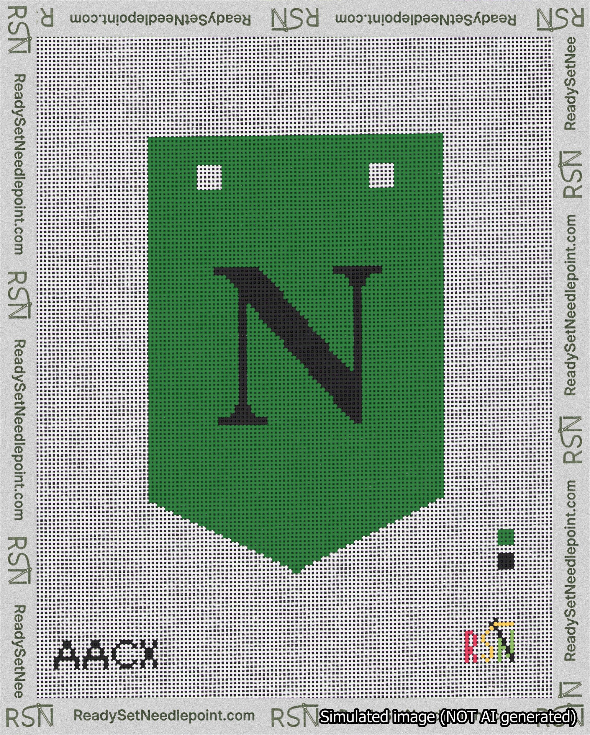 A taped needlepoint canvas with the design: Banner 18 mesh count Pointed N Black on Green.