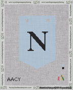 A taped needlepoint canvas with the design: Banner 18 mesh count Pointed N Black on Light Blue.