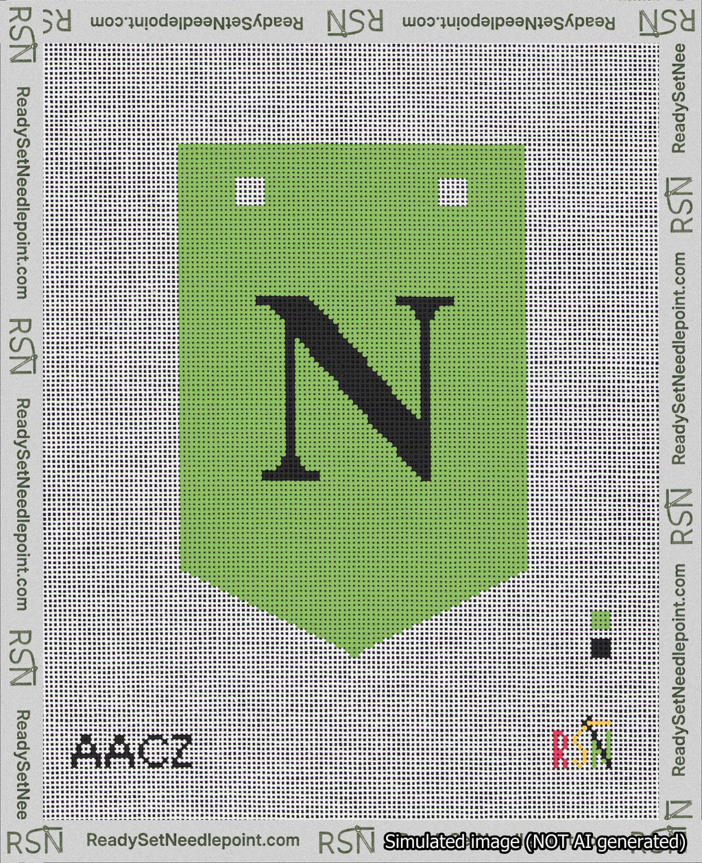 A taped needlepoint canvas with the design: Banner 18 mesh count Pointed N Black on Light Green.