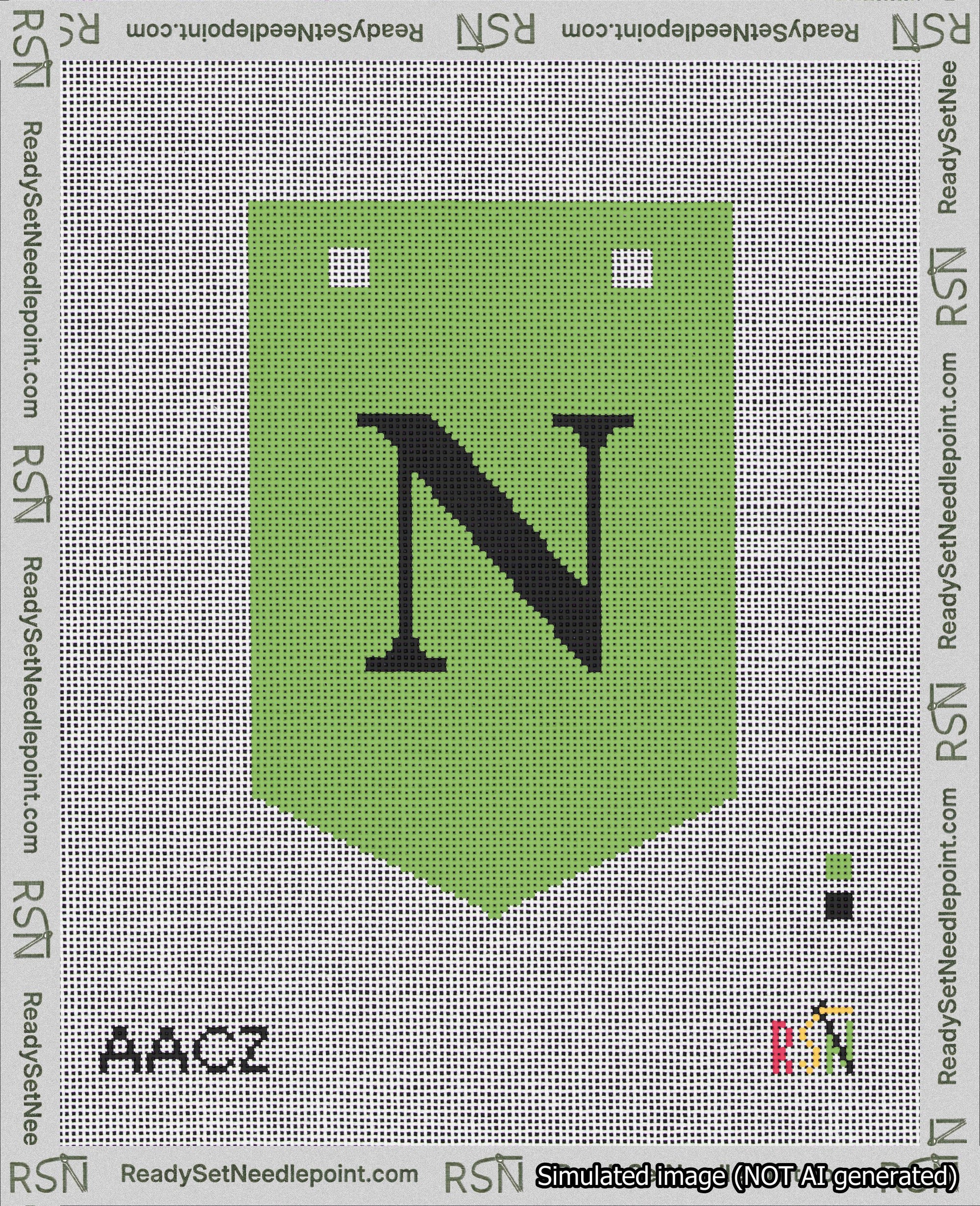 A taped needlepoint canvas with the design: Banner 18 mesh count Pointed N Black on Light Green.