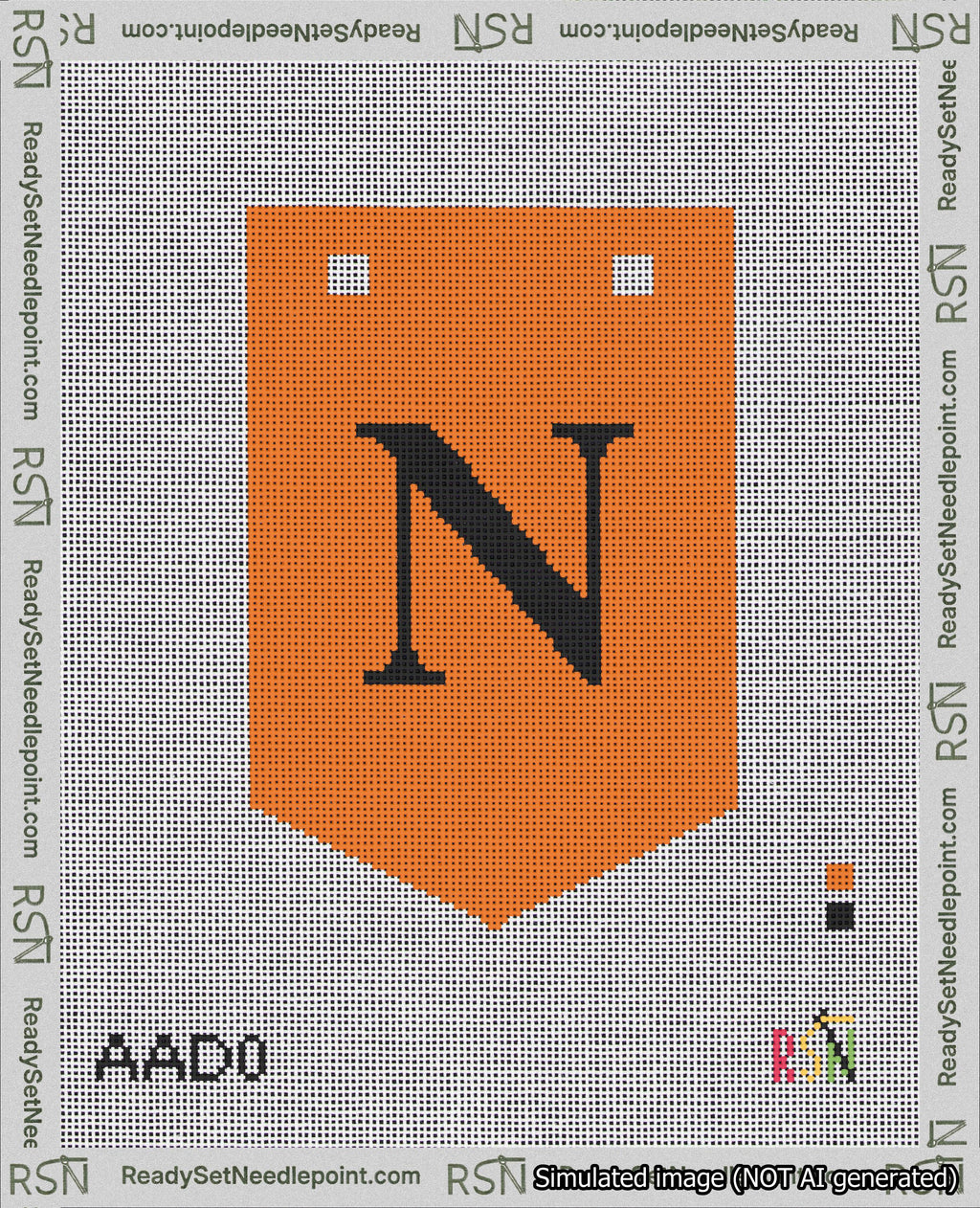 A taped needlepoint canvas with the design: Banner 18 mesh count Pointed N Black on Orange.