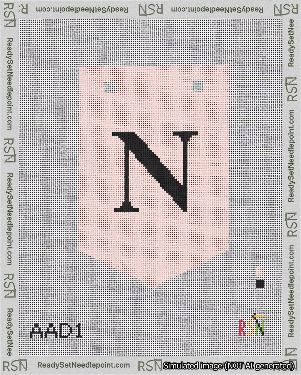 A taped needlepoint canvas with the design: Banner 18 mesh count Pointed N Black on Pink.