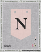 A taped needlepoint canvas with the design: Banner 18 mesh count Pointed N Black on Pink.