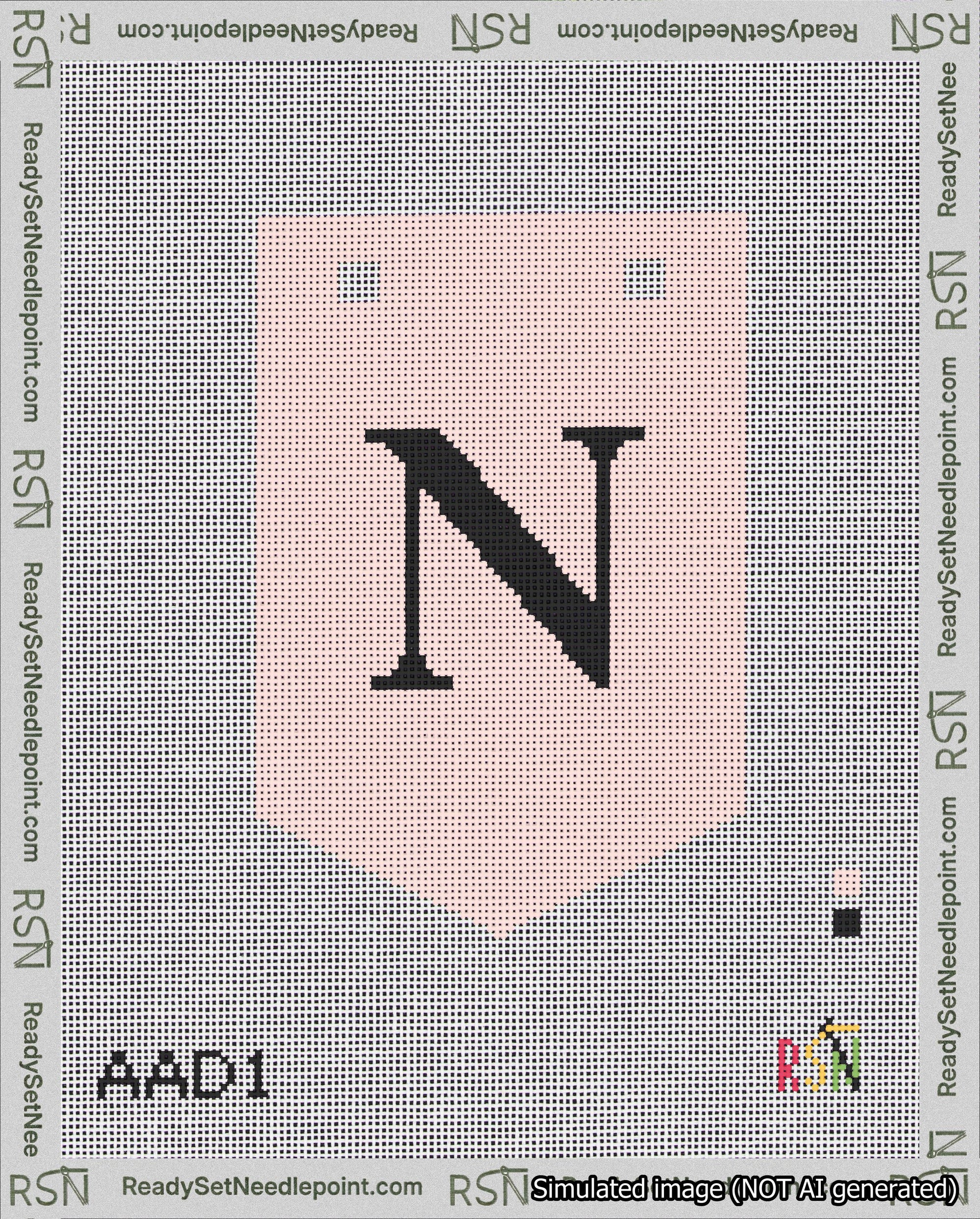 A taped needlepoint canvas with the design: Banner 18 mesh count Pointed N Black on Pink.