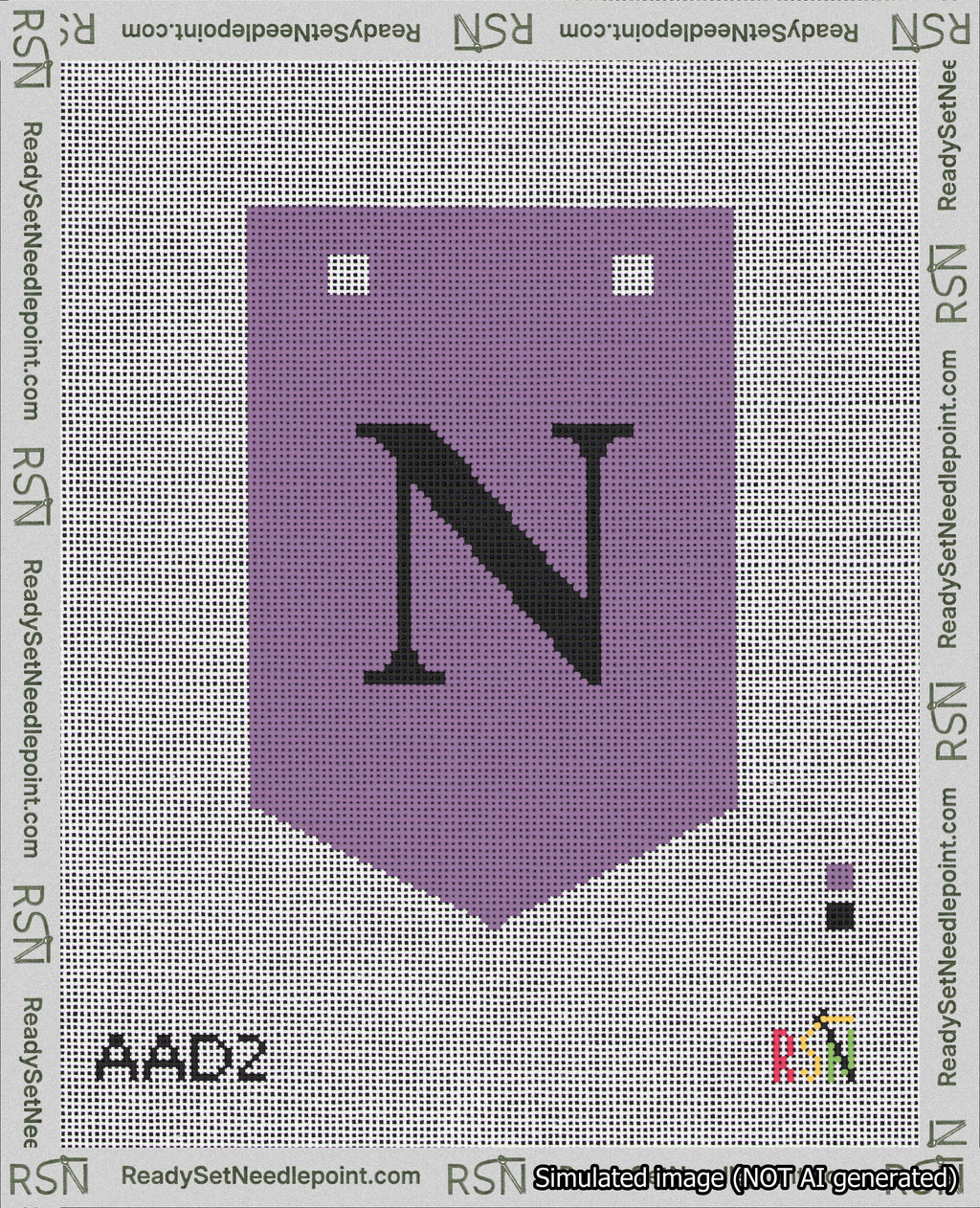 A taped needlepoint canvas with the design: Banner 18 mesh count Pointed N Black on Purple.