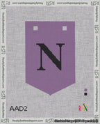 A taped needlepoint canvas with the design: Banner 18 mesh count Pointed N Black on Purple.