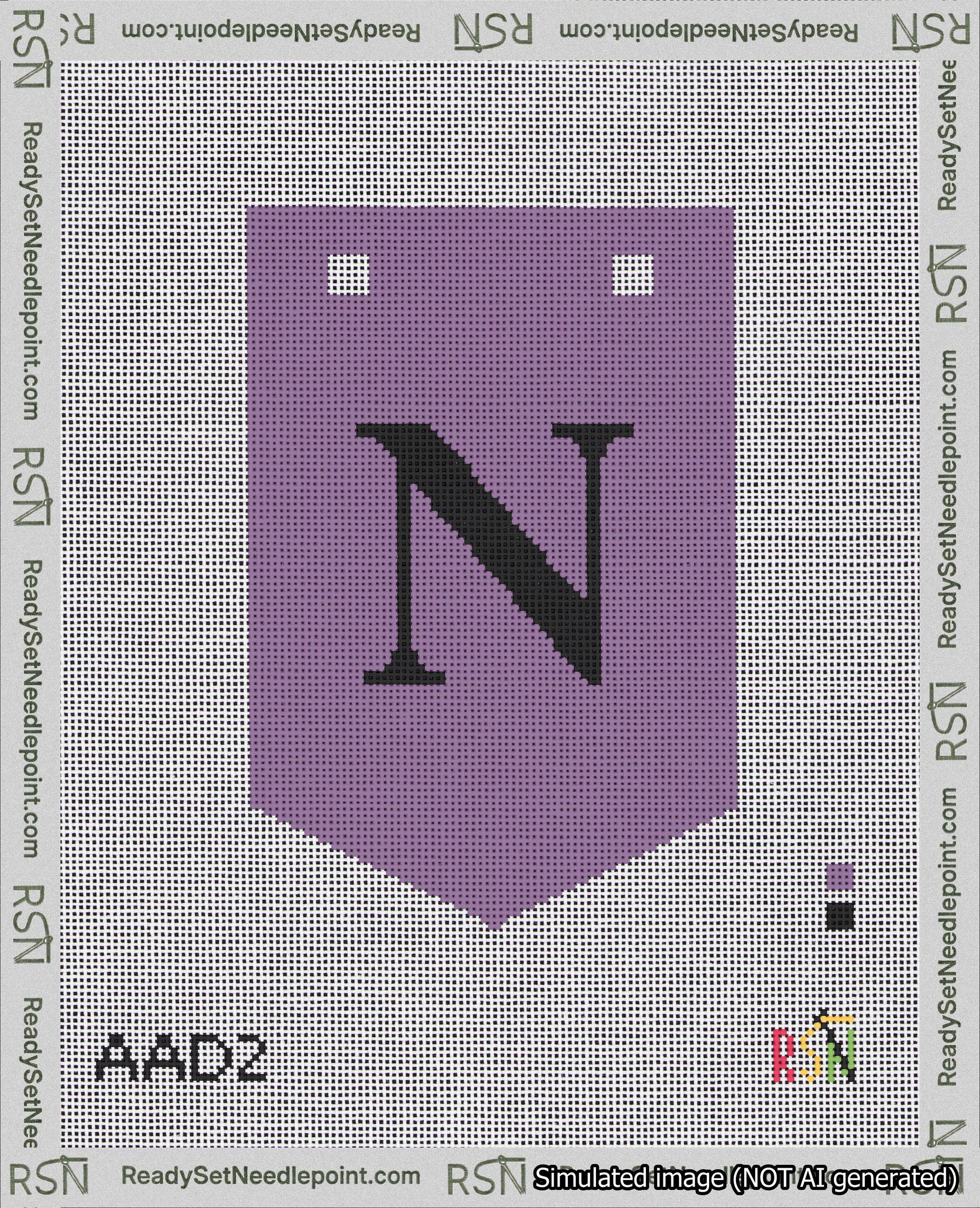 A taped needlepoint canvas with the design: Banner 18 mesh count Pointed N Black on Purple.