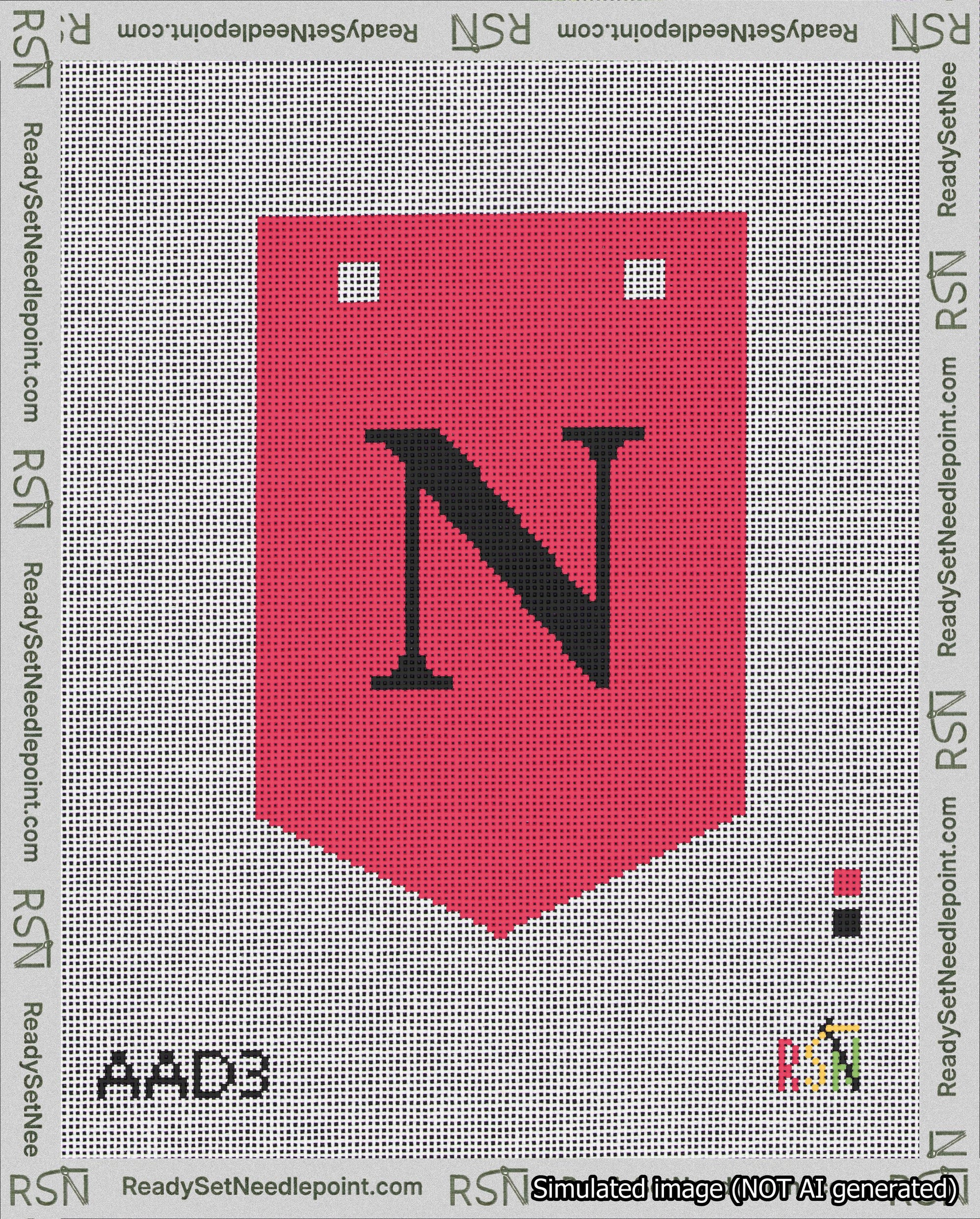 A taped needlepoint canvas with the design: Banner 18 mesh count Pointed N Black on Red.