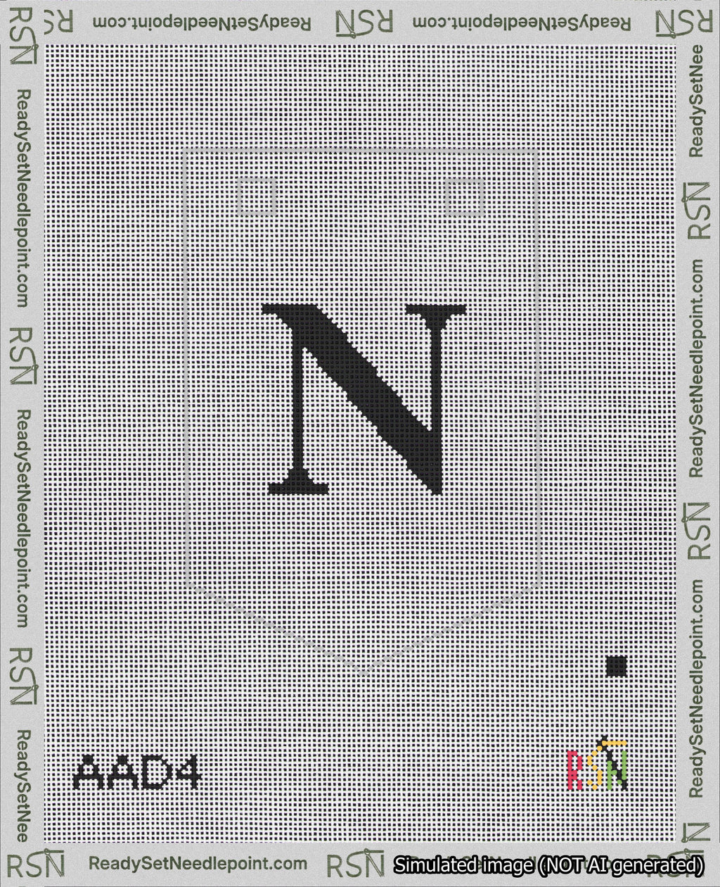 A taped needlepoint canvas with the design: Banner 18 mesh count Pointed N Black on White.