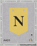 A taped needlepoint canvas with the design: Banner 18 mesh count Pointed N Black on Yellow.