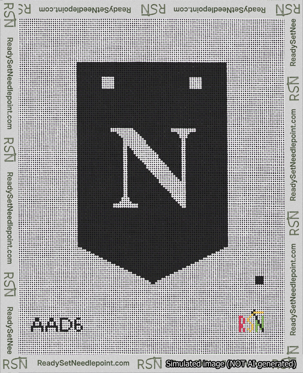 A taped needlepoint canvas with the design: Banner 18 mesh count Pointed N White on Black.